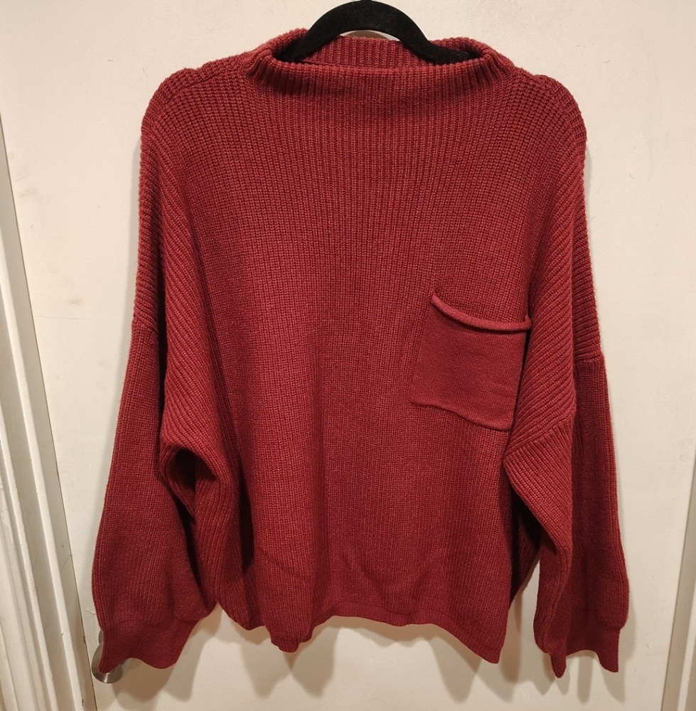 She + Sky NWT Burgundy Ribbed Mock Neck Slouchy Puff  Sleeve Sweater Sz L Casual